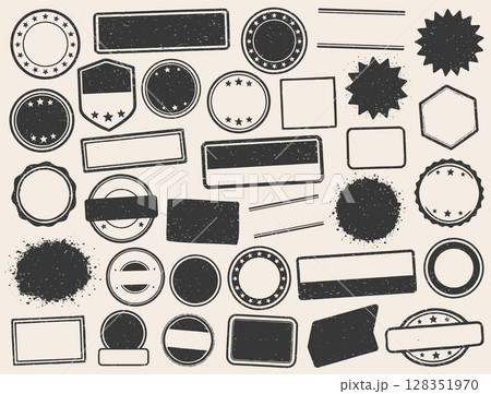 Retro Grunge Stamps frames vector icon shape set. Black round and square empty stamp border pack. Blank Stamp template grunge ink rubber labels collection. Vector image Isolated on white background.  128351970