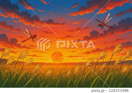 夕焼け　赤蜻蛉　ススキ野原 128351996