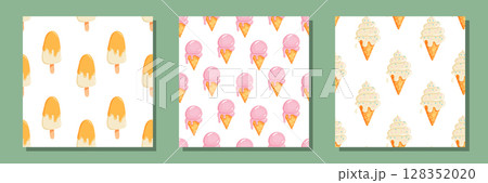 Set of seamless ice cream patterns in cute cartoon style 128352020