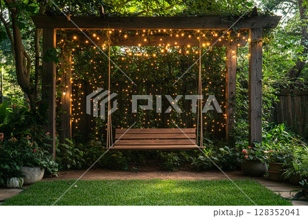 Wooden hanging swing surrounded by greenery and garland of lights in the backyard. Cozy backyard landscape. Wooden hanging swing surrounded by greenery and garland of lights in the backyard. Cozy backyard landscape. 128352041