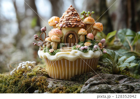A magical world created on a cupcake. Pastry art of the highest level. Baking. Generated by artificial intelligence A magical world created on a cupcake. Pastry art of the highest level. Baking. Generated by artificial intelligence 128352042