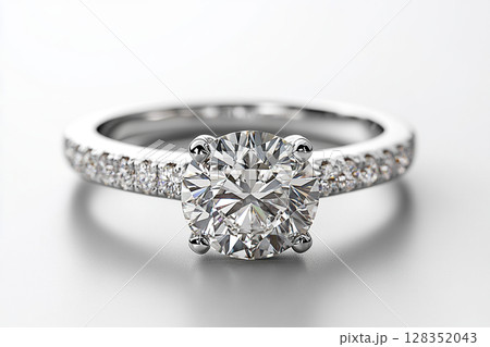 Elegant ring with a solitaire diamond on a white background. Elegant ring with a solitaire diamond on a white background. 128352043