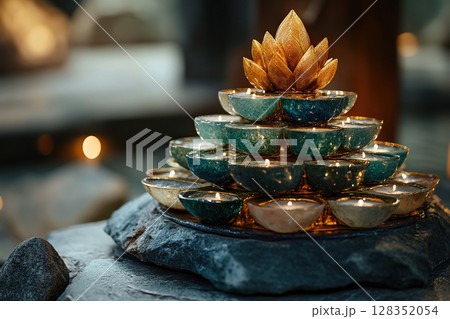 Lotus candle fountain with intricate design, surrounded by lit tealight candles. Lotus candle fountain with intricate design, surrounded by lit tealight candles. 128352054