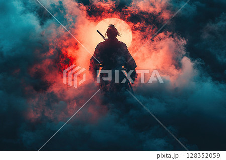 A samurai or ninja stands on a mountain at night against a backdrop of red clouds of smoke. Generated by artificial intelligence A samurai or ninja stands on a mountain at night against a backdrop of red clouds of smoke. Generated by artificial intelligence 128352059