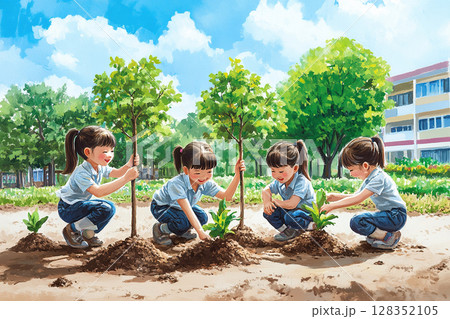 Illustration on the theme of urban greening. Asian children plant trees and bushes in the school yard. 128352105