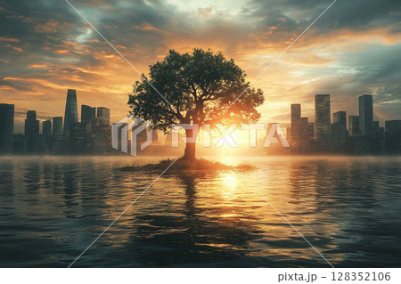 An island with a growing tree surrounded by water, a metropolis in the background. The concept of preserving the environment. 128352106
