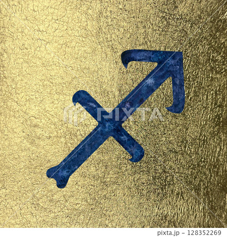 Blue Sagittarius zodiac symbol with starry sky texture on golden aged gold foil background. Watercolor template for zodiac calendar, astrology design, cards, horoscopes, label, logo, gift, wallpapers 128352269