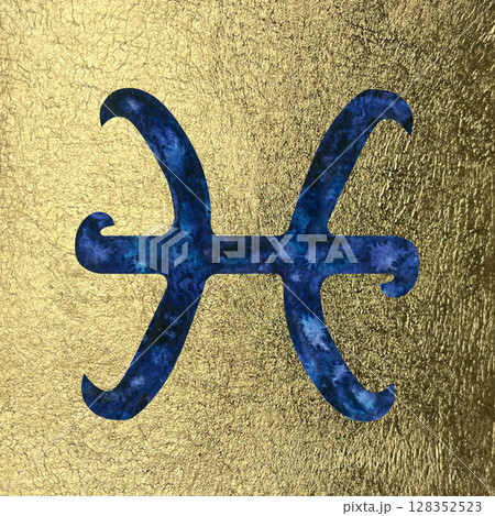Blue Pisces zodiac symbol with starry sky texture on golden aged gold foil background. Watercolor template for zodiac calendar, astrology design, cards, horoscopes, label, logo, gift, wallpapers Blue Pisces zodiac symbol with starry sky texture on golden aged gold foil background. Watercolor template for zodiac calendar, astrology design, cards, horoscopes, label, logo, gift, wallpapers 128352523