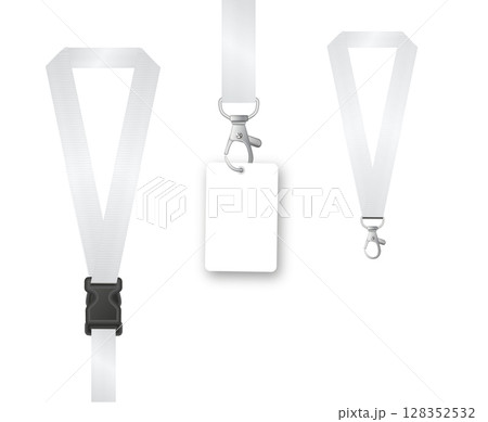 Badges Lanyard design. Identification card with ribbon. Metal closure and card with plastic. Accreditation for events congresses and companies. Vector 128352532