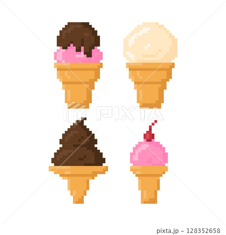 Various types of ice-cream cone flat icon vector. Pixel 8bit style 128352658
