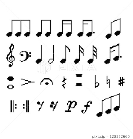 Set of Music Notes and Symbols flat icon vector. Pixel 8bit style Set of Music Notes and Symbols flat icon vector. Pixel 8bit style 128352660