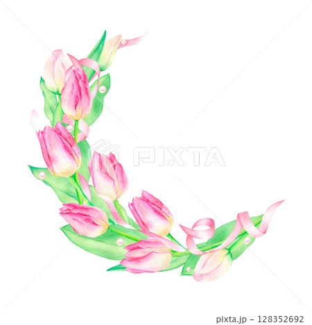 Watercolor spring wreath with pink tulips, leaves, ribbon and pearls. Hand painted isolated on white background. Festive floral illustration for design, print. Watercolor spring wreath with pink tulips, leaves, ribbon and pearls. Hand painted isolated on white background. Festive floral illustration for design, print. 128352692