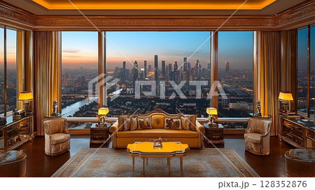 Luxury apartment panoramic city view sunset interior design 128352876