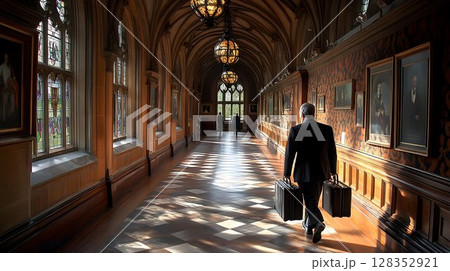 Man walking in long hallway with paintings sunlight streaming through windows 128352921