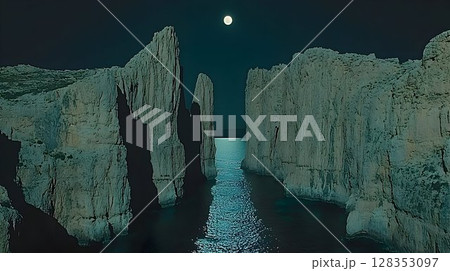 Night cityscape tall buildings river dark blue and green tones 128353097