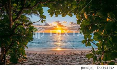 Golden sunrise over calm water scenic nature background 128353132