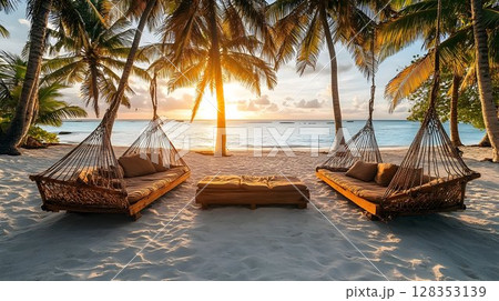 Tranquil beach sunset scene idyllic vacation paradise 128353139
