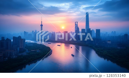 Serene city sunrise reflection abstract background 128353140