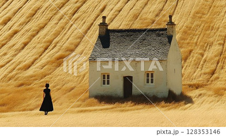 Small blue grey house in yellow field idyllic peaceful scene 128353146