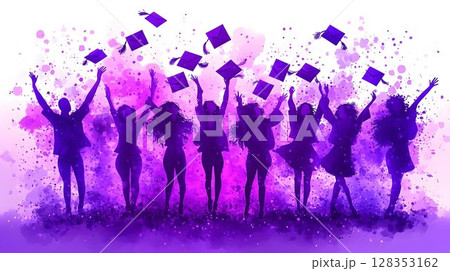 Joyful graduates silhouette purple celebration achievement concept 128353162
