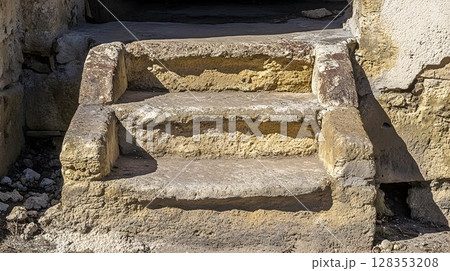 Weathered stone steps leading to shadowy entrance exhibiting texture and color variations in sunlight 128353208