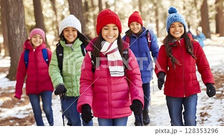 Smiling girls winter hike snowy trail bright clothing outdoor fun 128353296