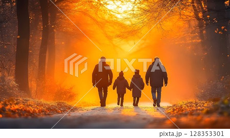 Family walking autumn forest sunlight path silhouette nature fall 128353301