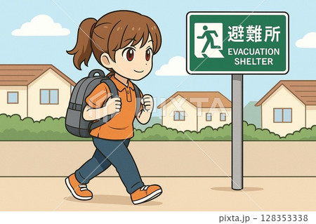 避難所に向かう女の子 128353338