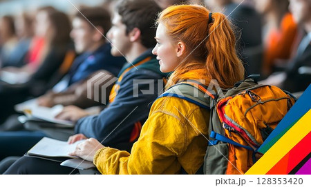 Diverse students attentively listening in lecture hall Diverse students attentively listening in lecture hall 128353420