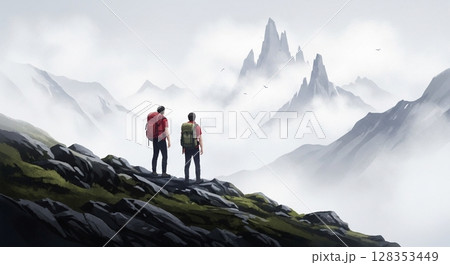 霧の山脈を望む登山者たちの後ろ姿 128353449