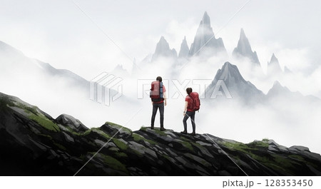 霧の山脈を望む登山者たちの後ろ姿 128353450