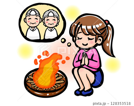 お盆に迎え火と送り火をして先祖を弔う女性のイラスト素材 128353518