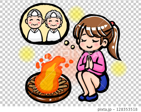 お盆に迎え火と送り火をして先祖を弔う女性のイラスト素材 128353518