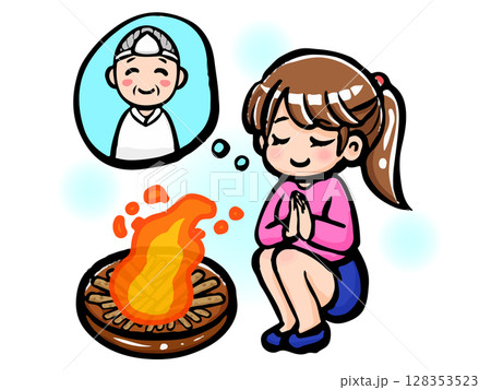 お盆に迎え火と送り火をして先祖を弔う女性のイラスト素材2 128353523