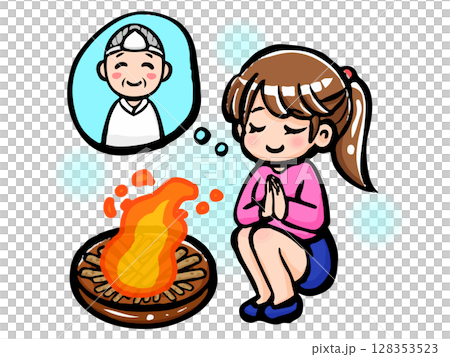 お盆に迎え火と送り火をして先祖を弔う女性のイラスト素材2 128353523