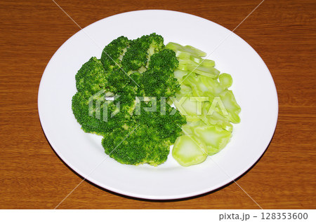 房と茎を食べやすい大きさにカットして茹でた新鮮で綺麗な緑色のブロッコリー 128353600