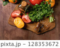 Fresh Vegetables Herbs Wooden Cutting Board 128353672