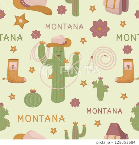 Montana seamless pattern in boho style, color vector background with a cactus-cowboy Montana seamless pattern in boho style, color vector background with a cactus-cowboy 128353684