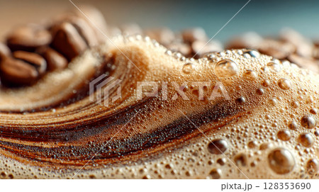 Macro view of frothy coffee foam with swirling patterns and textured bubbles, blending creamy whites and rich browns 128353690