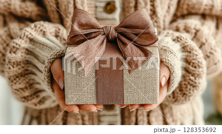 A pair of hands in a knitted sweater holding a cozy gift box wrapped in knit fabric and adorned with a satin bronze ribbon and floral accent 128353692