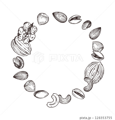 Vector illustration of nuts, walnuts, pistachios, almonds, hazelnuts, cashews. All objects are hand-drawn in vector. For printing on nut packaging, for the design of departments in the store. Vector illustration of nuts, walnuts, pistachios, almonds, hazelnuts, cashews. All objects are hand-drawn in vector. For printing on nut packaging, for the design of departments in the store. 128353755