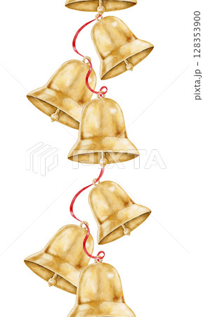 Hand painted Christmas garland with golden bells, pine branches and red ribbon. Watercolor festive vertical ornament for cards, packaging, textile and holiday projects. 128353900