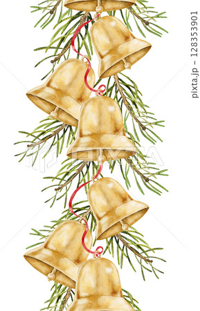 Hand painted Christmas garland with golden bells, pine branches and red ribbon. Watercolor festive vertical ornament for cards, packaging, textile and holiday projects. 128353901