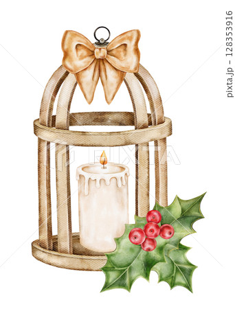 Watercolor illustration of wooden lantern with candle and beige bow on top. Classic Christmas style with holly. Perfect for cards, stickers, packaging, textile, winter projects. Watercolor illustration of wooden lantern with candle and beige bow on top. Classic Christmas style with holly. Perfect for cards, stickers, packaging, textile, winter projects. 128353916