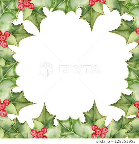 Watercolor Christmas border featuring holly leaves and red berries arranged in a symmetrical festive square frame. Isolated on white for holiday cards, prints, or packaging design. Watercolor Christmas border featuring holly leaves and red berries arranged in a symmetrical festive square frame. Isolated on white for holiday cards, prints, or packaging design. 128353955