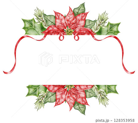 Watercolor Christmas floral frame with red poinsettia, holly leaves, pine branches, and decorative red ribbon. Hand painted festive botanical border isolated on white for cards and prints. Watercolor Christmas floral frame with red poinsettia, holly leaves, pine branches, and decorative red ribbon. Hand painted festive botanical border isolated on white for cards and prints. 128353958