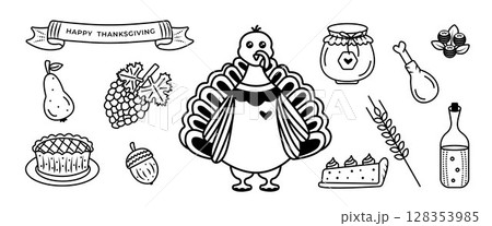 Monochrome Thanksgiving doodle set, cute black and white vector pictograms Monochrome Thanksgiving doodle set, cute black and white vector pictograms 128353985