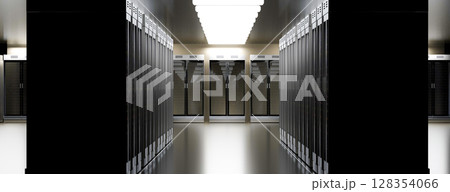 Server room data center. Backup, mining, hosting, mainframe, farm and computer rack with storage information. 3d render 128354066