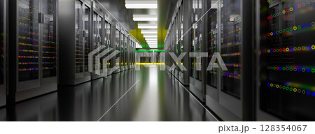 Server room data center. Backup, mining, hosting, mainframe, farm and computer rack with storage information. 3d render 128354067