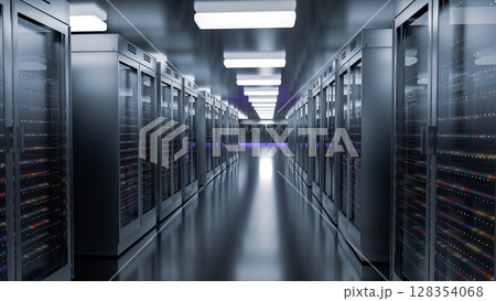 Server room data center. Backup, mining, hosting, mainframe, farm and computer rack with storage information. 3d render 128354068